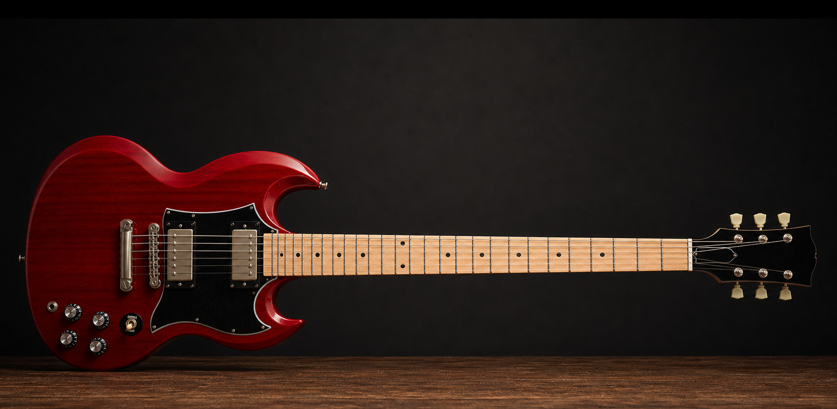Complete red SG-style electric guitar with a maple fretboard and headstock